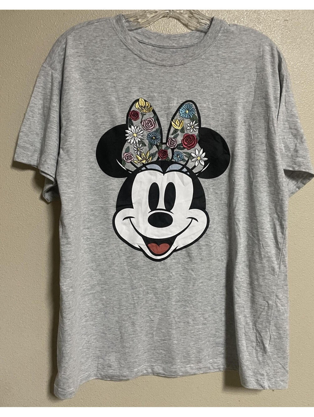 Minnie Mouse Grey T Shirt  Short Sleeve Floral Embroidery Ears